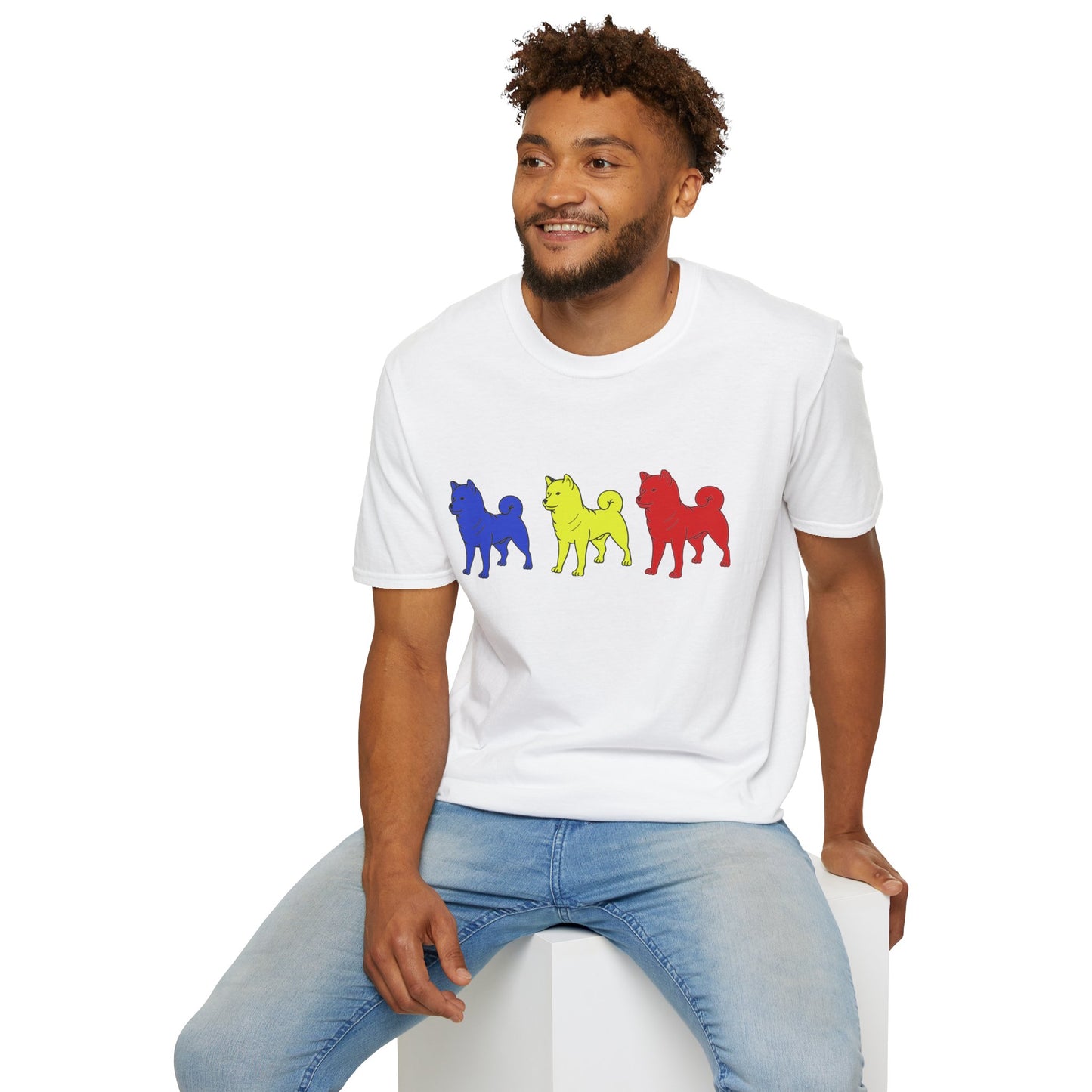Original Shiba Swank Colors, Short Sleeve, Unisex Graphic Tee Shirt, Three Shibas Blue, Yellow, Red, Print On Front & Sleeve