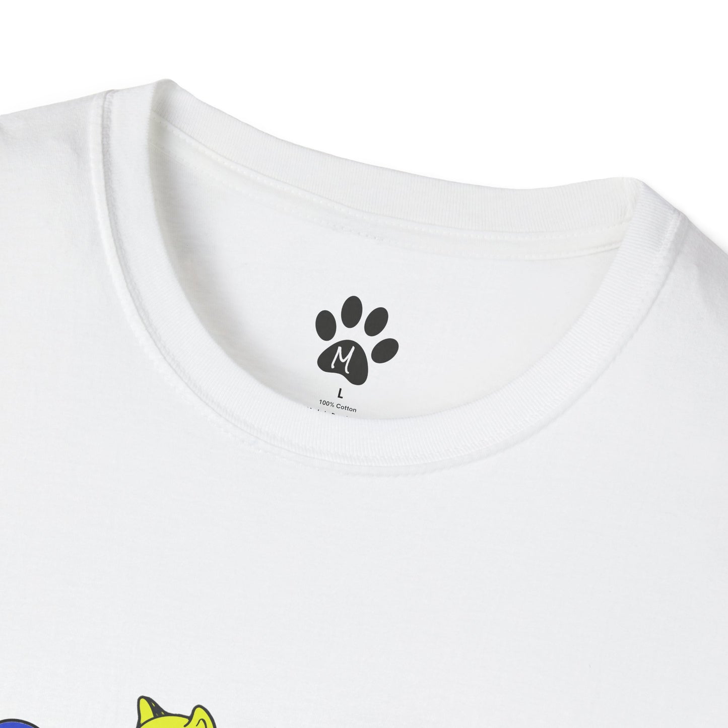 Original Shiba Swank Colors, Short Sleeve, Unisex Graphic Tee Shirt, Three Shibas Blue, Yellow, Red, Print On Front & Sleeve