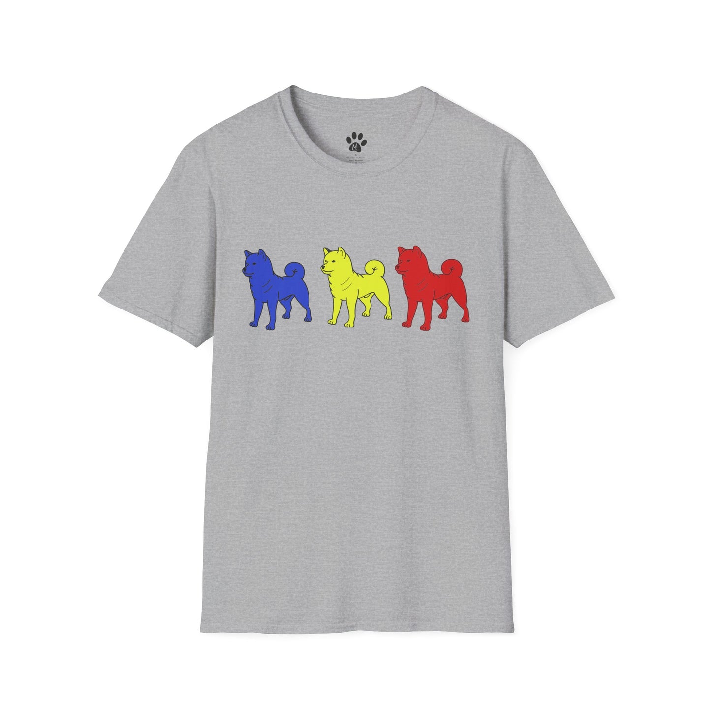 Original Shiba Swank Colors, Short Sleeve, Unisex Graphic Tee Shirt, Three Shibas Blue, Yellow, Red, Print On Front & Sleeve