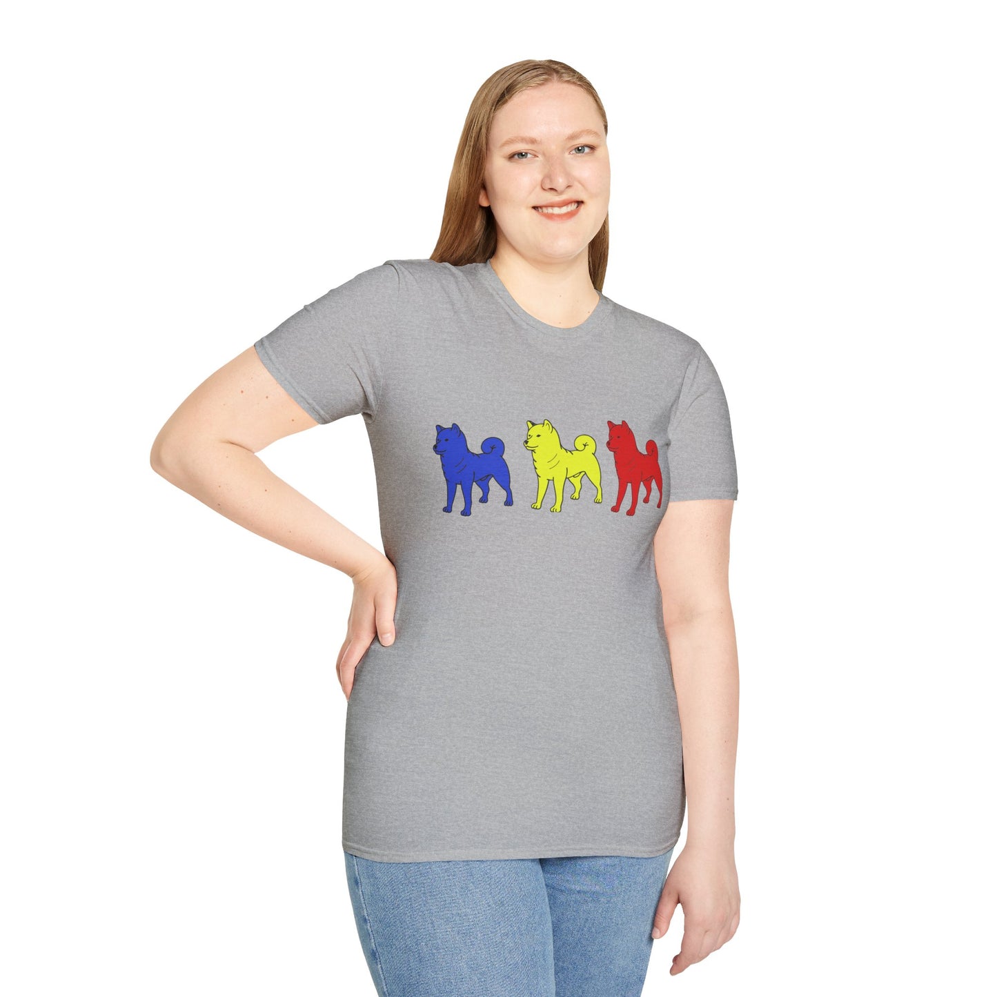 Original Shiba Swank Colors, Short Sleeve, Unisex Graphic Tee Shirt, Three Shibas Blue, Yellow, Red, Print On Front & Sleeve