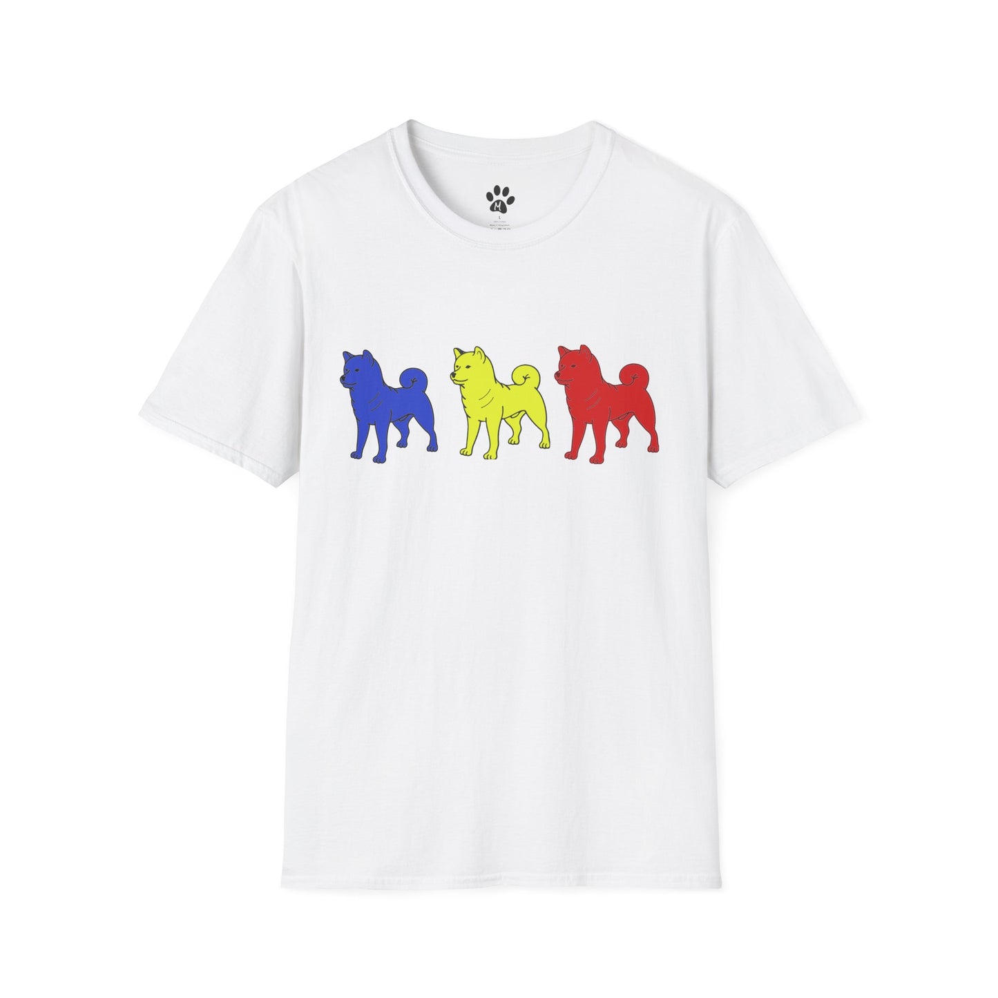 Original Shiba Swank Colors, Short Sleeve, Unisex Graphic Tee Shirt, Three Shibas Blue, Yellow, Red, Print On Front & Sleeve