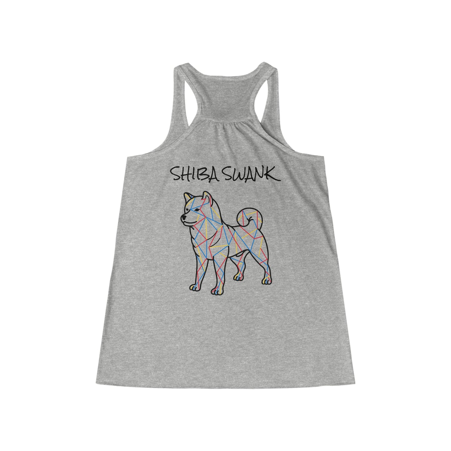 ORIGINAL SHIBA SWANK Women's Flowy Racerback Tank, Blue, Red and Yellow Design On Back