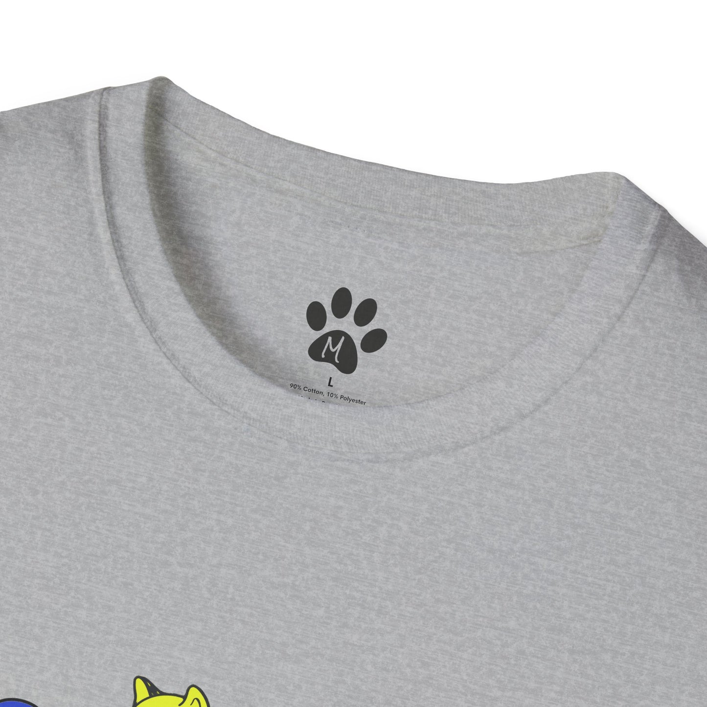 Original Shiba Swank Colors, Short Sleeve, Unisex Graphic Tee Shirt, Three Shibas Blue, Yellow, Red, Print On Front & Sleeve