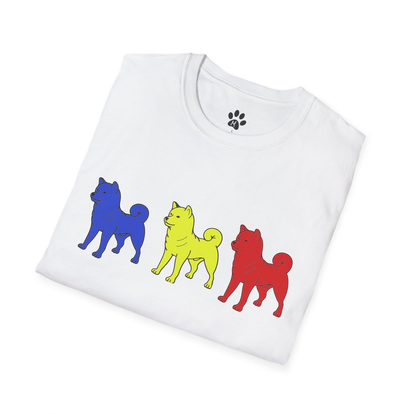 Original Shiba Swank Colors, Short Sleeve, Unisex Graphic Tee Shirt, Three Shibas Blue, Yellow, Red, Print On Front & Sleeve