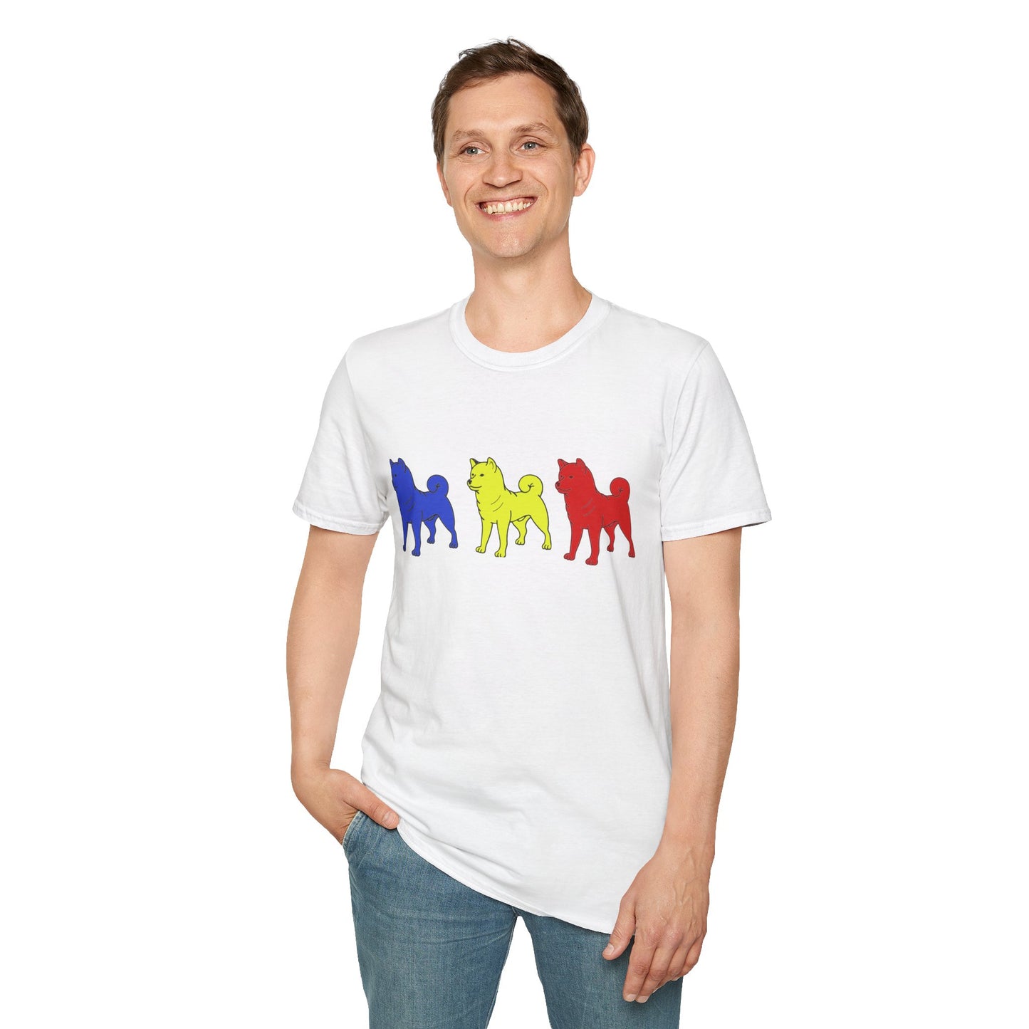 Original Shiba Swank Colors, Short Sleeve, Unisex Graphic Tee Shirt, Three Shibas Blue, Yellow, Red, Print On Front & Sleeve