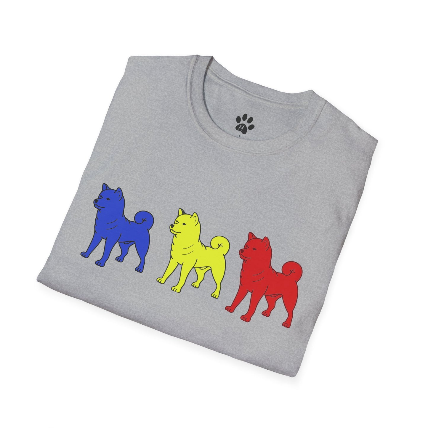 Original Shiba Swank Colors, Short Sleeve, Unisex Graphic Tee Shirt, Three Shibas Blue, Yellow, Red, Print On Front & Sleeve
