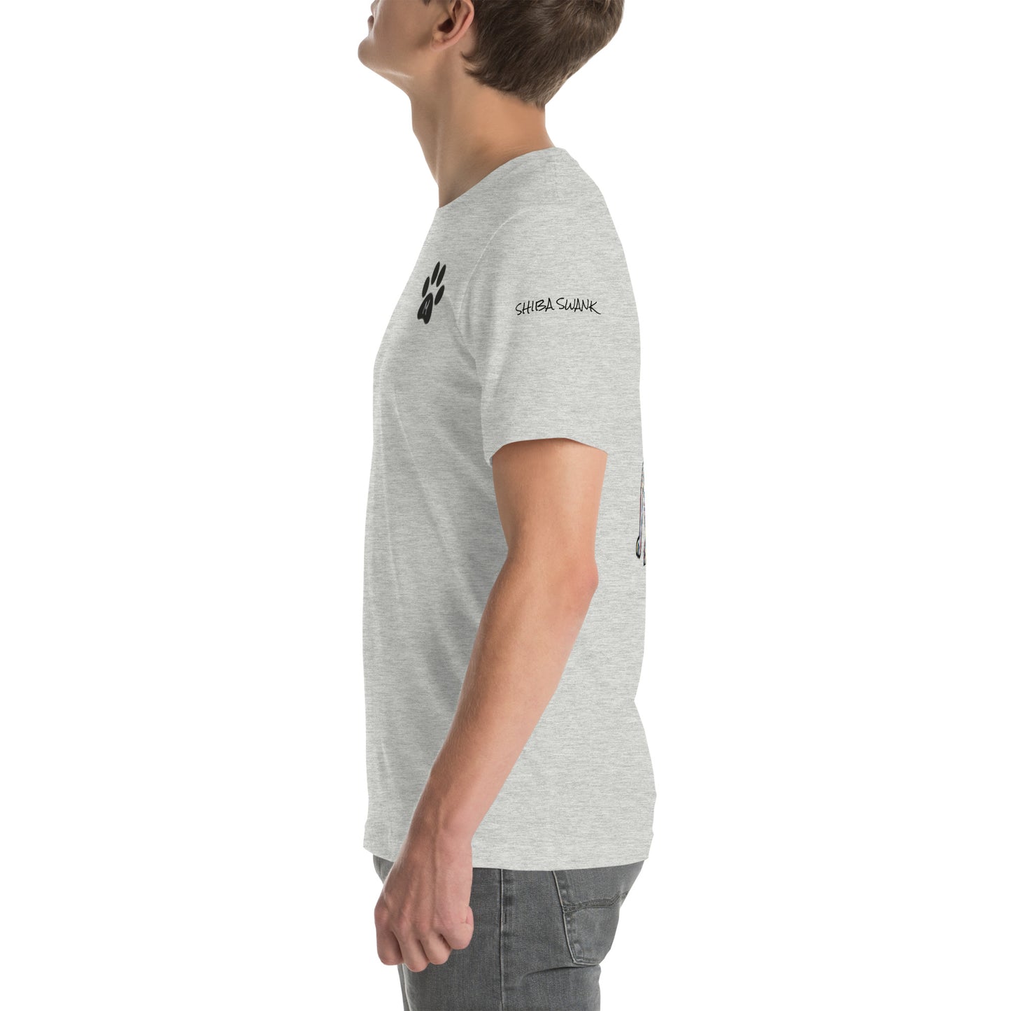 SHIBA SWANK Unisex Short Sleeve, Shiba Inu with Paw Print, Front, Back and Sleeve Design