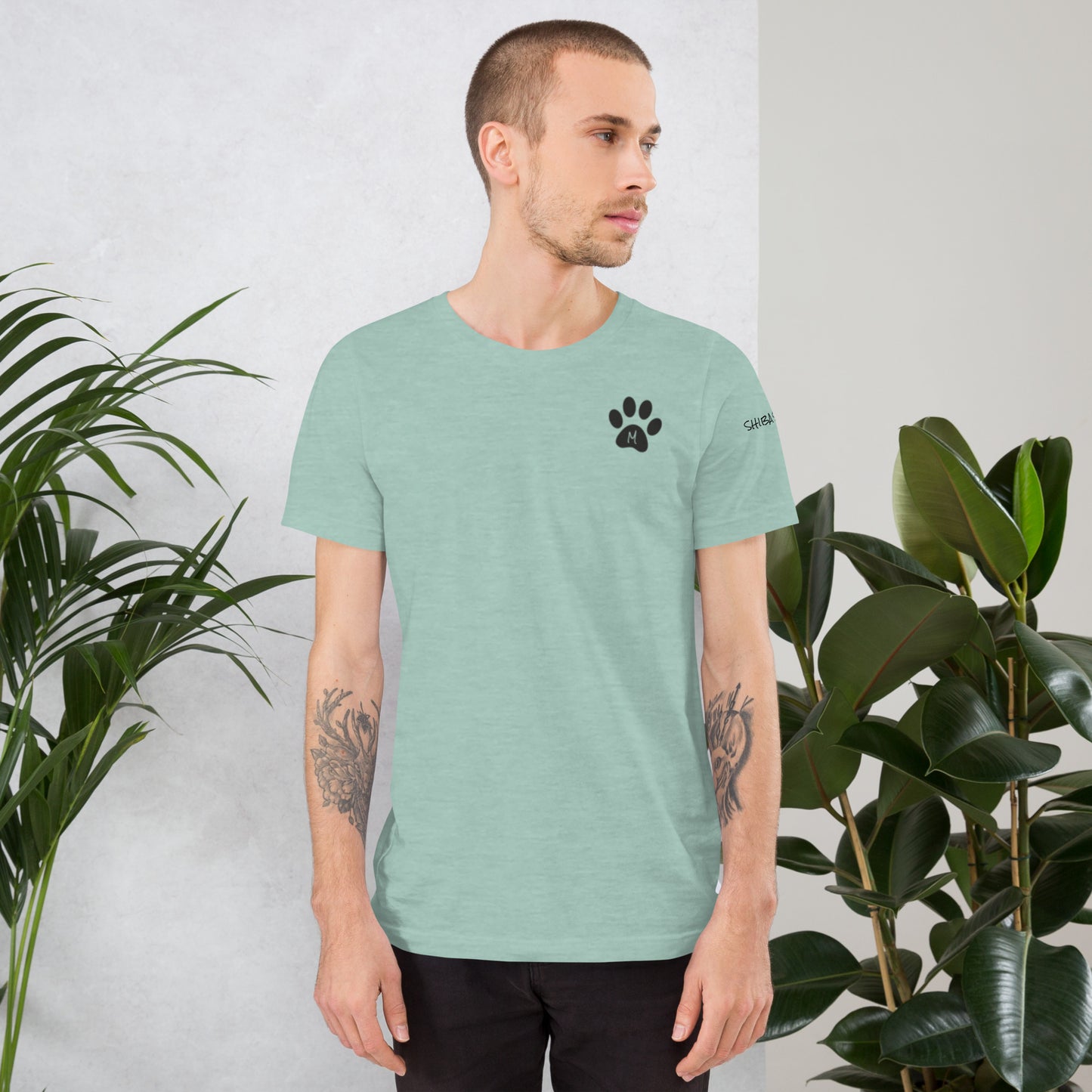 SHIBA SWANK Unisex Short Sleeve, Shiba Inu with Paw Print, Front, Back and Sleeve Design
