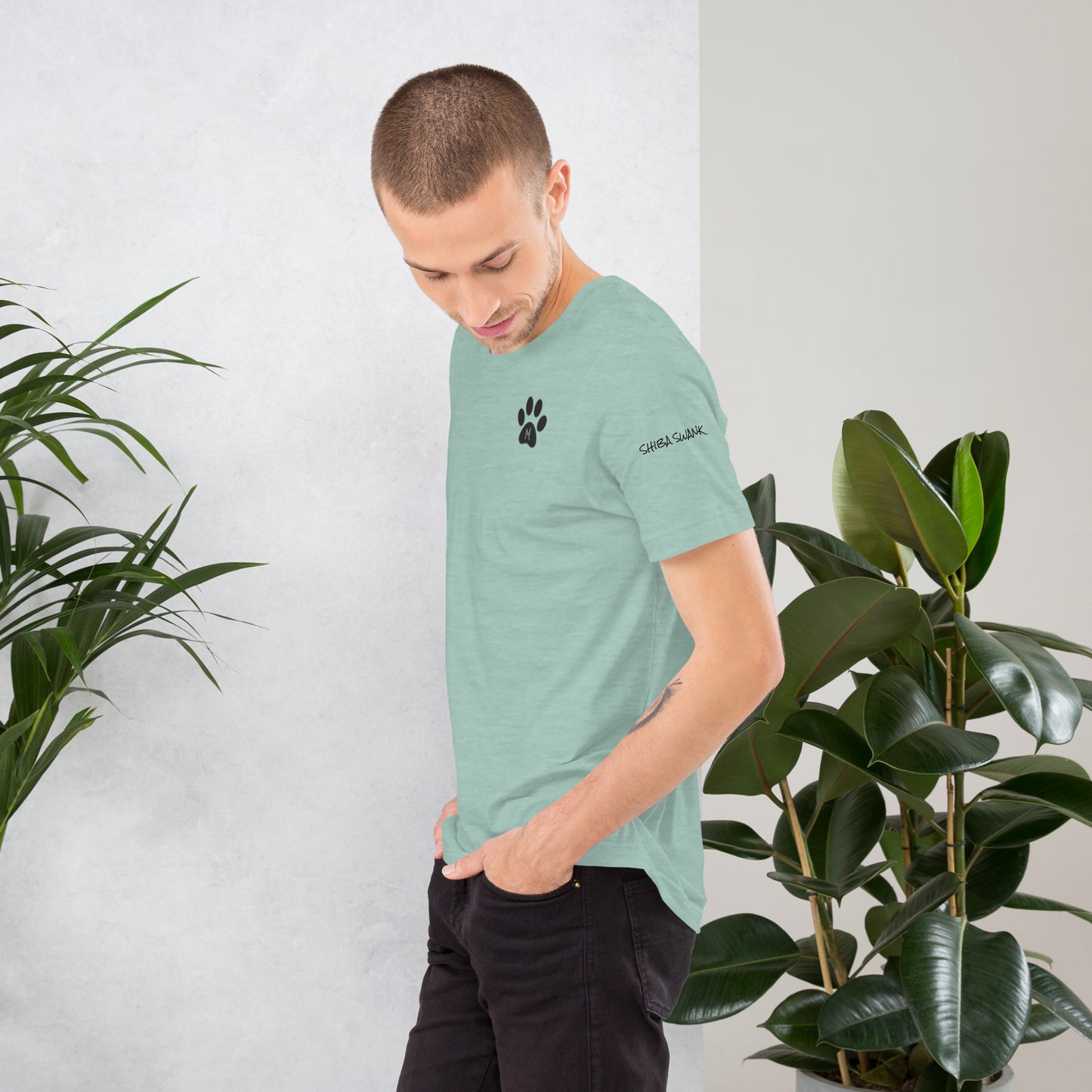 SHIBA SWANK Unisex Short Sleeve, Shiba Inu with Paw Print, Front, Back and Sleeve Design