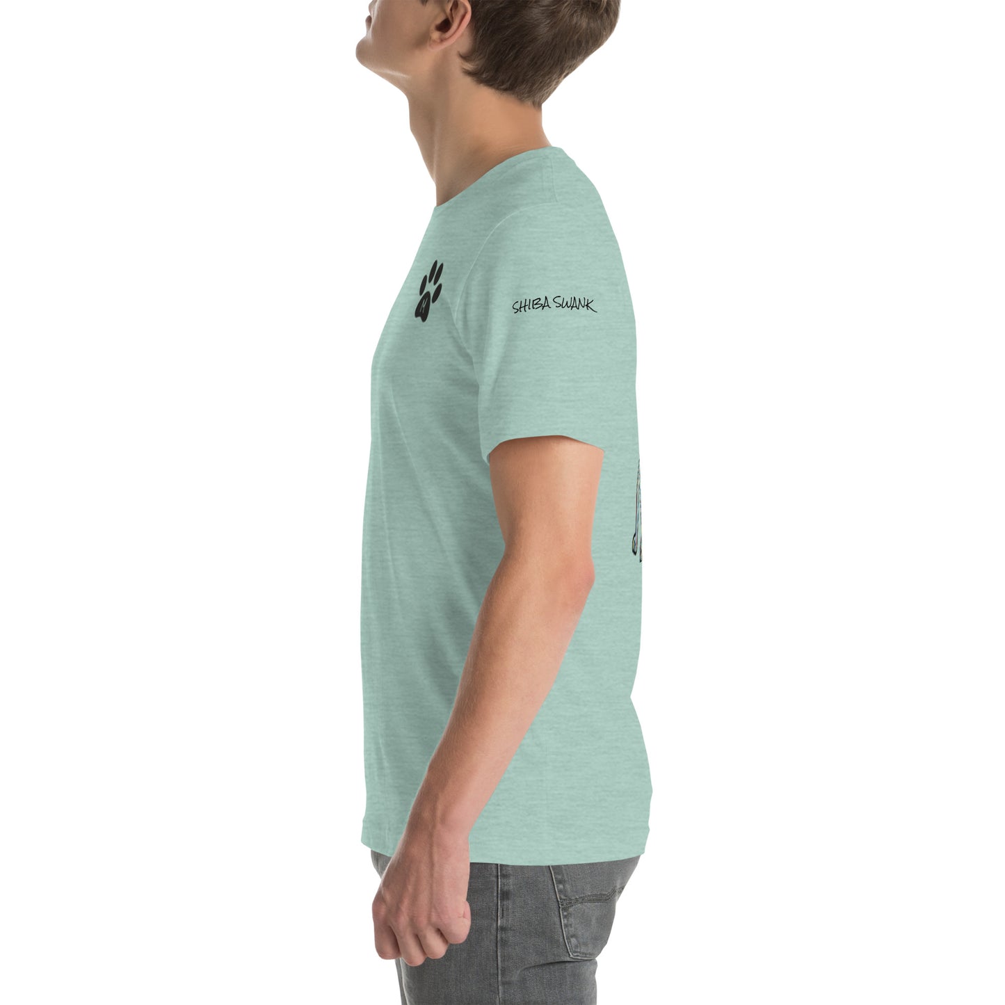 SHIBA SWANK Unisex Short Sleeve, Shiba Inu with Paw Print, Front, Back and Sleeve Design