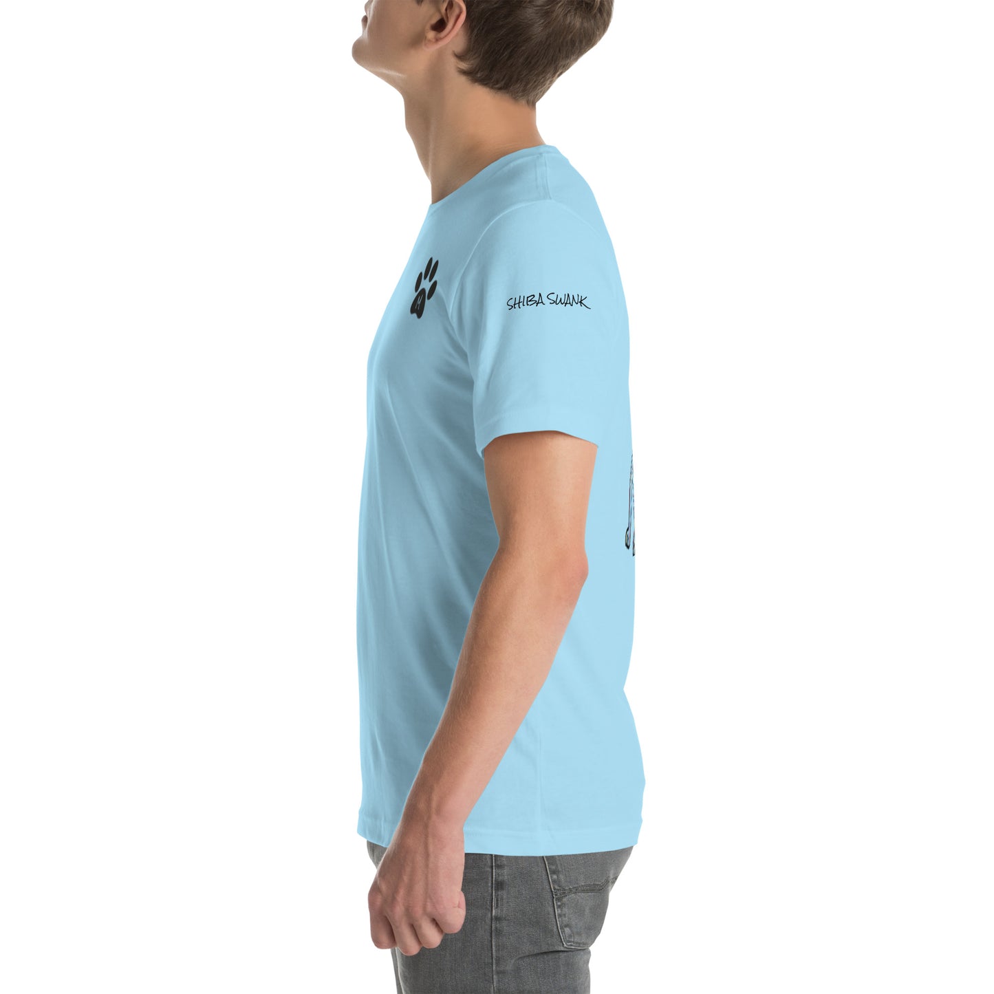 SHIBA SWANK Unisex Short Sleeve, Shiba Inu with Paw Print, Front, Back and Sleeve Design