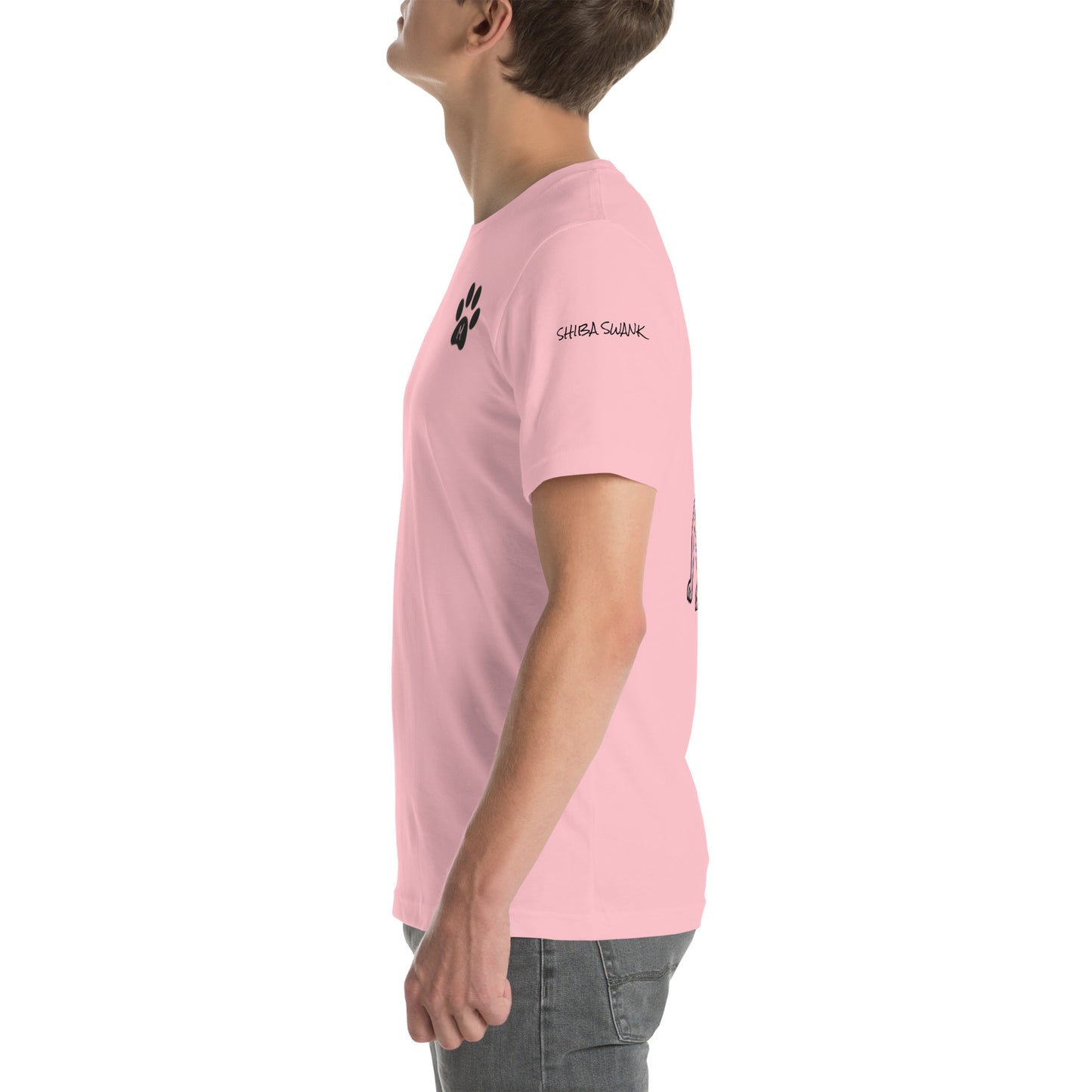 SHIBA SWANK Unisex Short Sleeve, Shiba Inu with Paw Print, Front, Back and Sleeve Design