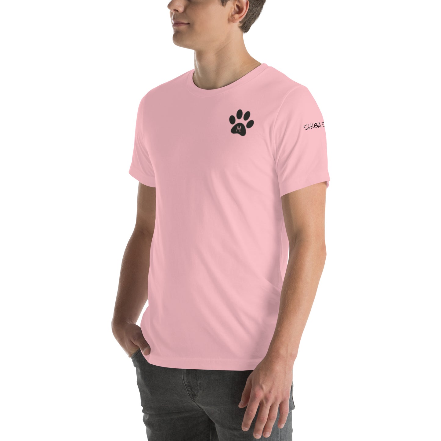 SHIBA SWANK Unisex Short Sleeve, Shiba Inu with Paw Print, Front, Back and Sleeve Design