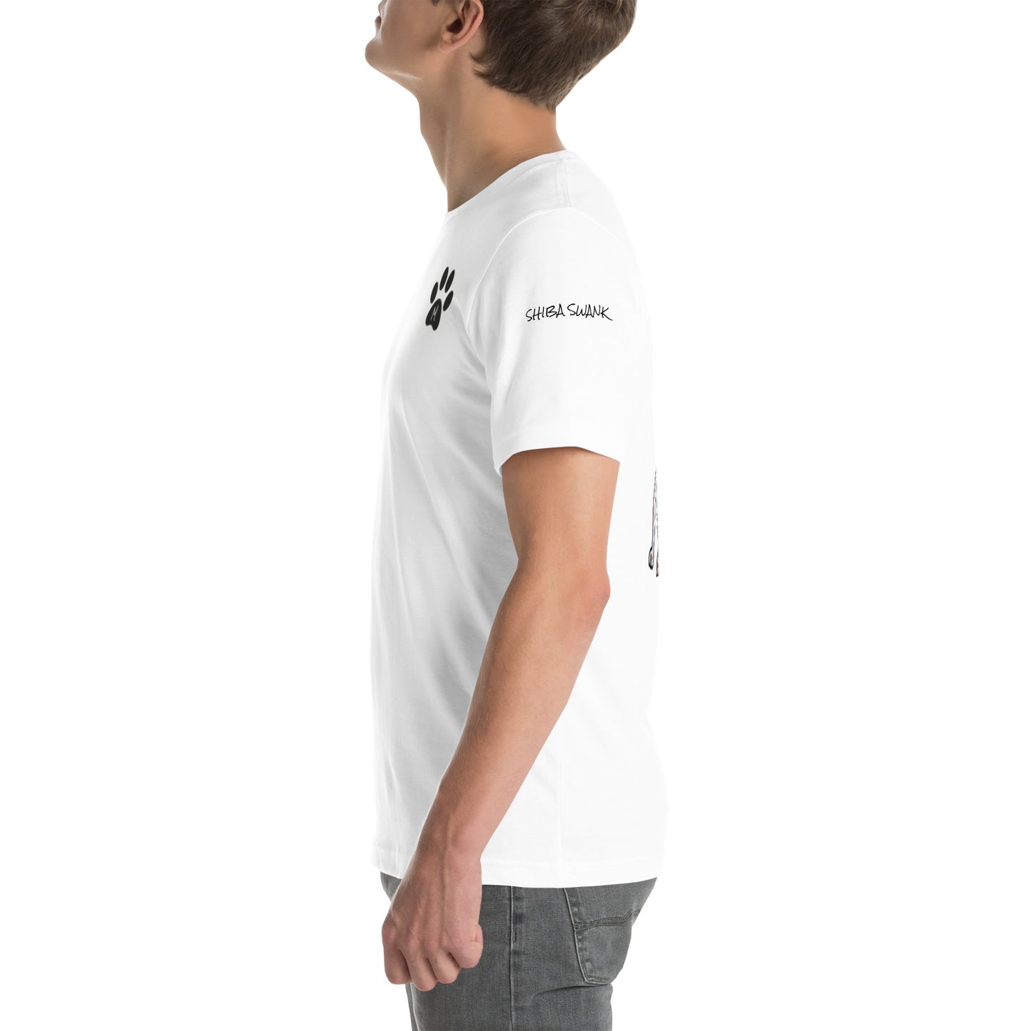 SHIBA SWANK Unisex Short Sleeve, Shiba Inu with Paw Print, Front, Back and Sleeve Design