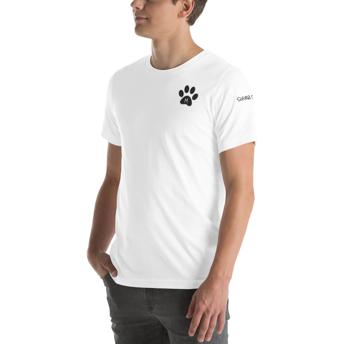 SHIBA SWANK Unisex Short Sleeve, Shiba Inu with Paw Print, Front, Back and Sleeve Design