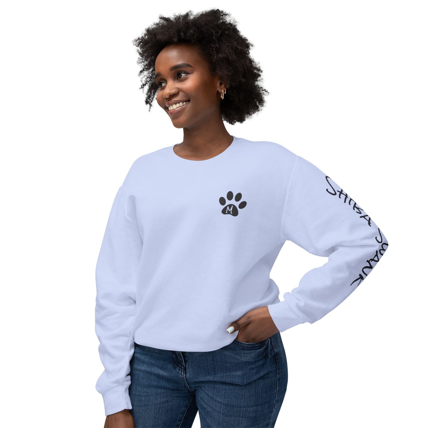 SHIBA SWANK Unisex Lightweight Crewneck Long Sleeve Sweatshirt Multi Colors, Design on Front, Back and Left Sleeve