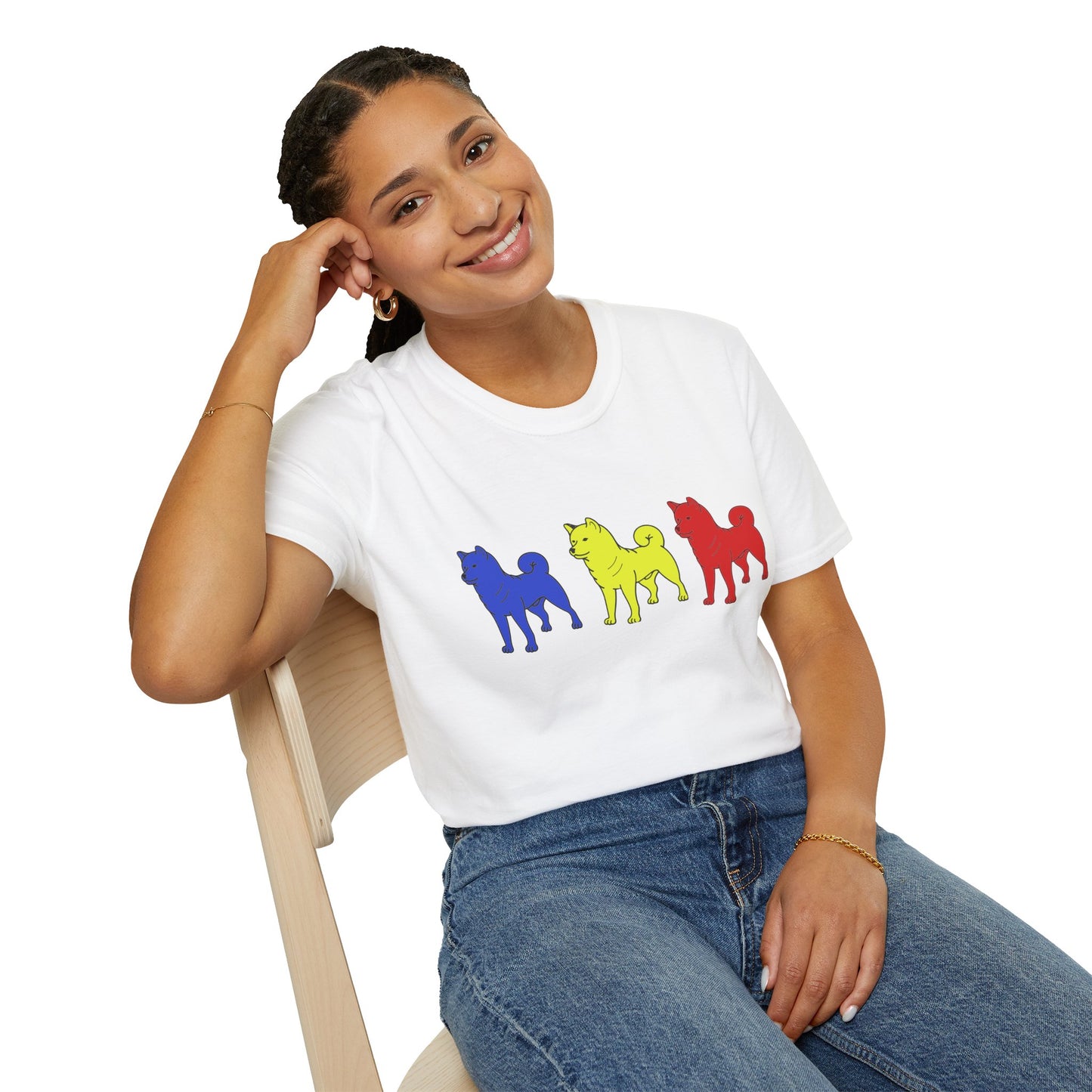 Original Shiba Swank Colors, Short Sleeve, Unisex Graphic Tee Shirt, Three Shibas Blue, Yellow, Red, Print On Front & Sleeve