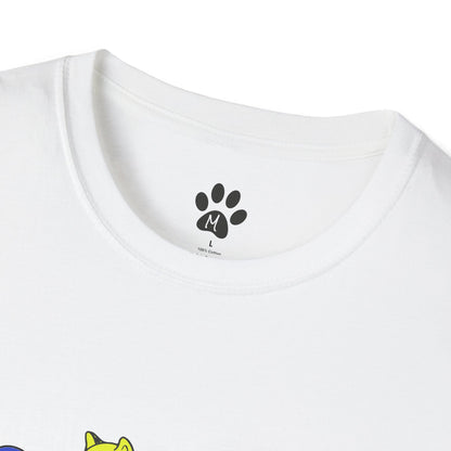Original Shiba Swank Colors, Short Sleeve, Unisex Graphic Tee Shirt, Three Shibas Blue, Yellow, Red, Print On Front & Sleeve