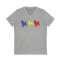 Original Brand Colors Short Sleeve V-Neck Tee, Three Shibas In Blue Yellow Red, Casual & Athletic Wear, Print On Front