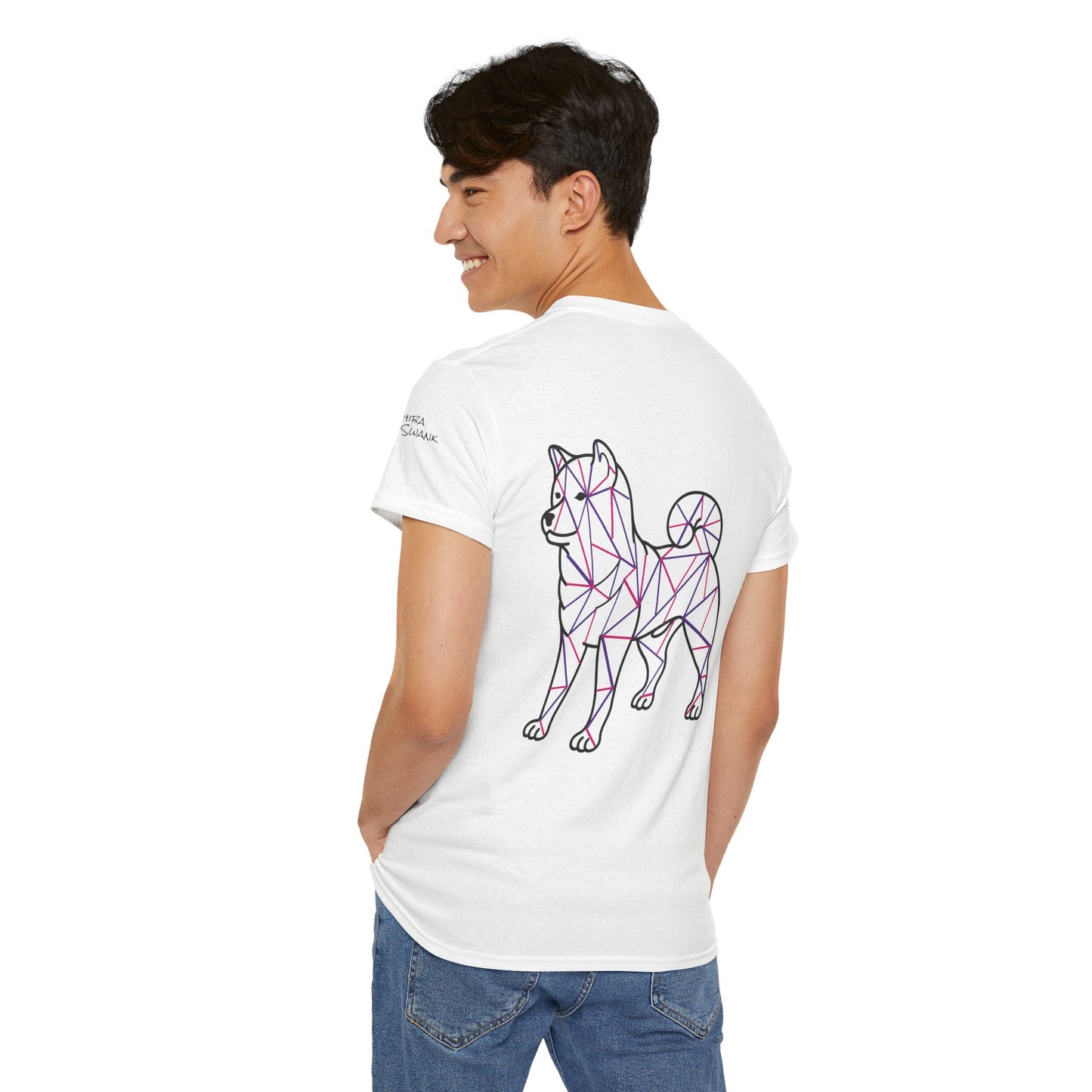 Shiba Inu Tee, Pink Purple Shirt w/ Paw Print, Short Sleeve Unisex Cotton Top, Dog Lover Gift, Animal Print Graphic Tshirt