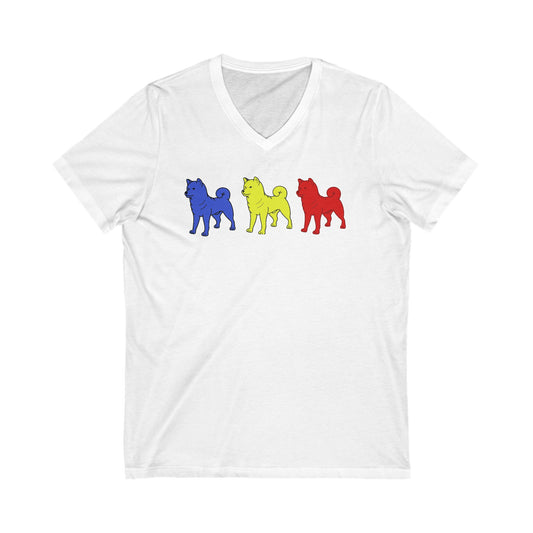 Original Brand Colors Short Sleeve V-Neck Tee, Three Shibas In Blue Yellow Red, Casual & Athletic Wear, Print On Front