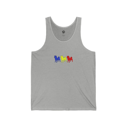 Men and Womens Jersey Tank, 3  Red, Yellow and Blue Shiba Silhouettes, Front and Back Design