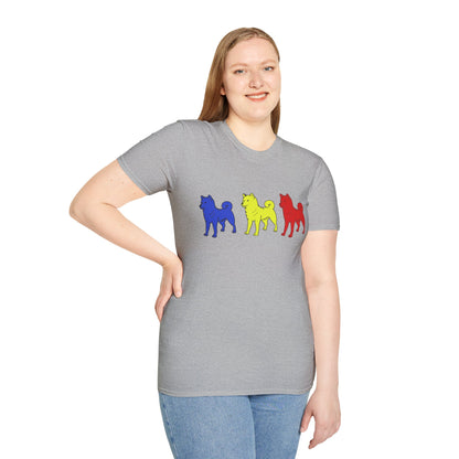 Original Shiba Swank Colors, Short Sleeve, Unisex Graphic Tee Shirt, Three Shibas Blue, Yellow, Red, Print On Front & Sleeve