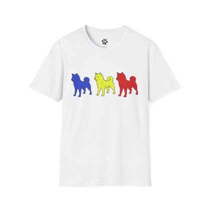 Original Shiba Swank Colors, Short Sleeve, Unisex Graphic Tee Shirt, Three Shibas Blue, Yellow, Red, Print On Front & Sleeve