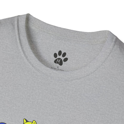 Original Shiba Swank Colors, Short Sleeve, Unisex Graphic Tee Shirt, Three Shibas Blue, Yellow, Red, Print On Front & Sleeve