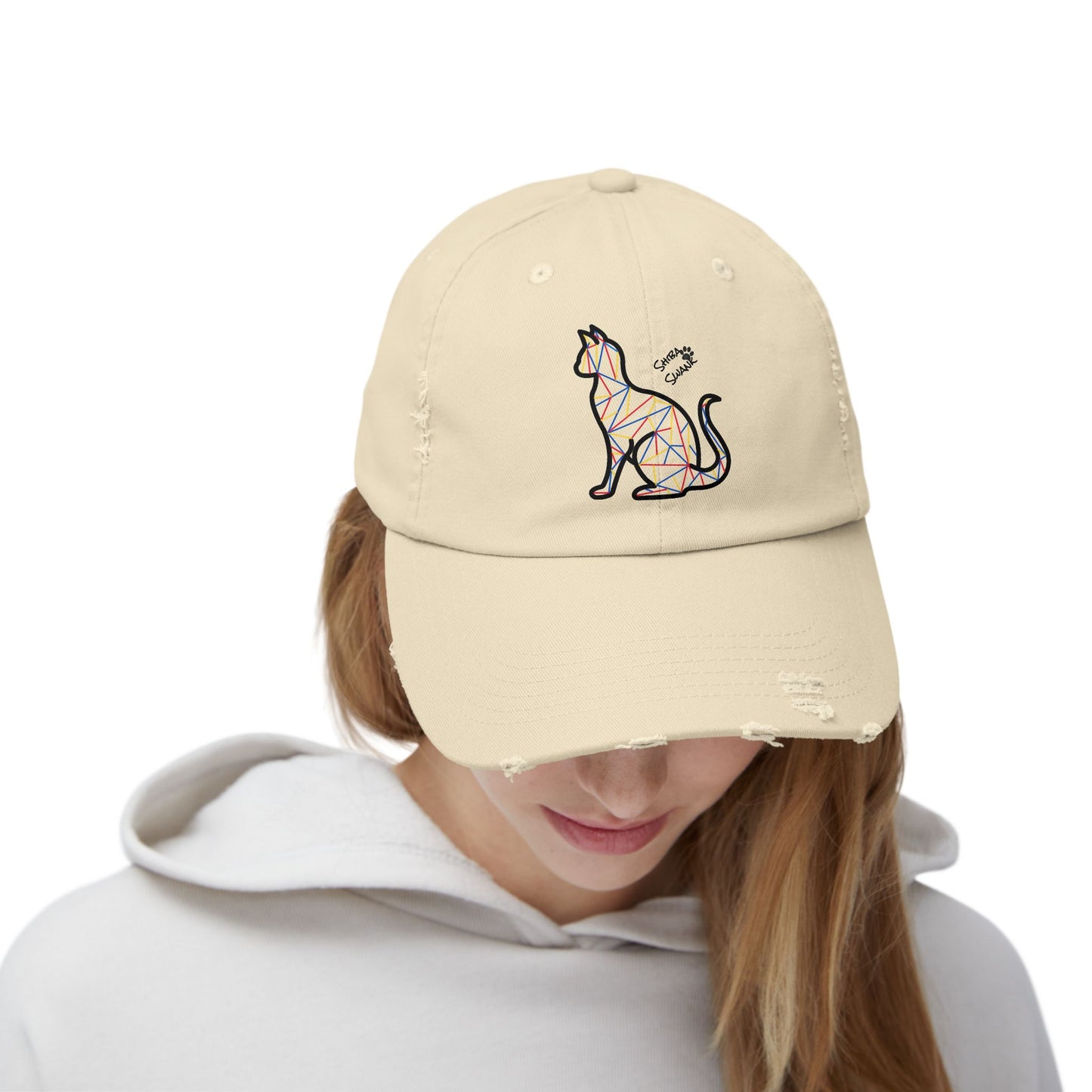 Feline Cat Distressed Cap, Hat, Headwear, Bright Colorful Casual Outdoor Wear for All Seasons