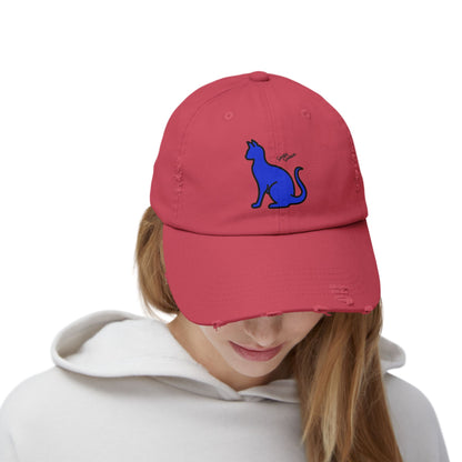 Feline Cat Distressed Cap, Hat, Headwear, Bright Colorful Casual Outdoor Wear for All Seasons