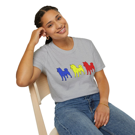 Original Shiba Swank Colors, Short Sleeve, Unisex Graphic Tee Shirt, Three Shibas Blue, Yellow, Red, Print On Front & Sleeve
