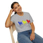 Original Shiba Swank Colors, Short Sleeve, Unisex Graphic Tee Shirt, Three Shibas Blue, Yellow, Red, Print On Front & Sleeve