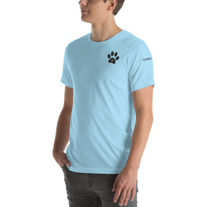 SHIBA SWANK Unisex Short Sleeve, Shiba Inu with Paw Print, Front, Back and Sleeve Design